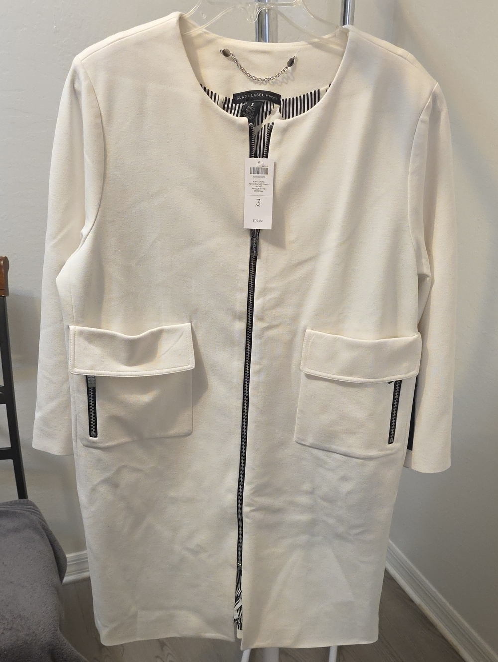 Black Label Cream Collarless Zip-Front Trench Coat